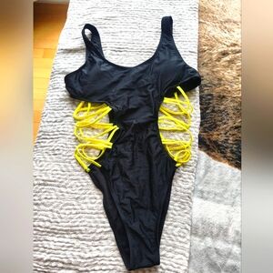 Unique Black With Open Side Neon Yellow Straps One Piece Swimsuit